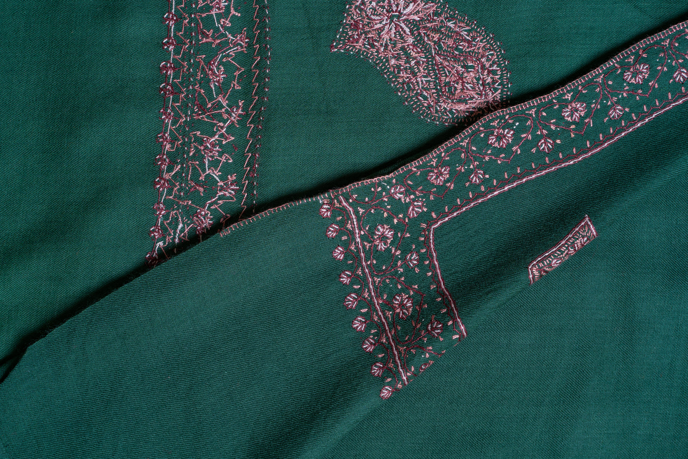 Emerald Bliss: Sozni Hand-Embroidered Merino Wool Shawl