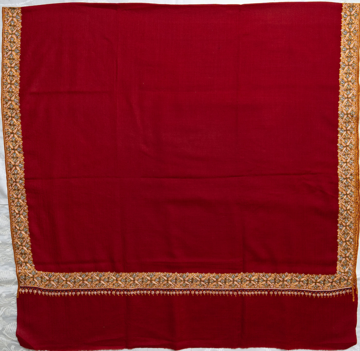 Crimson Royalty: Hand-Embroidered Sozni Border Merino Wool Shawl