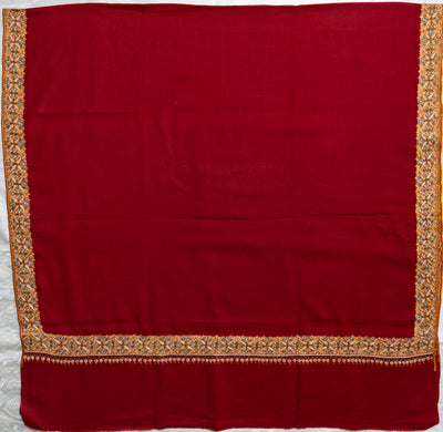 Crimson Royalty: Hand-Embroidered Sozni Border Merino Wool Shawl