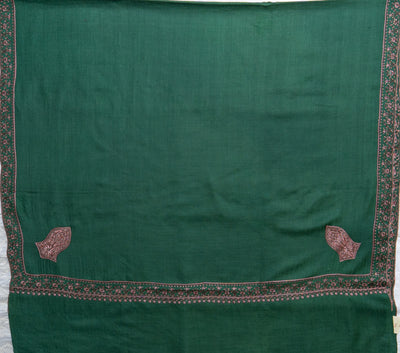 Emerald Bliss: Sozni Hand-Embroidered Merino Wool Shawl