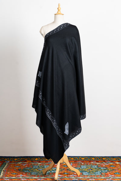 Midnight Elegance Hand-Embroidered Sozni Merino Wool Shawl