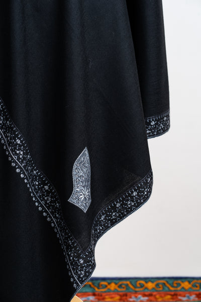 Midnight Elegance Hand-Embroidered Sozni Merino Wool Shawl