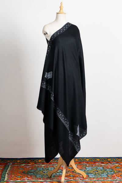 Midnight Elegance Hand-Embroidered Sozni Merino Wool Shawl