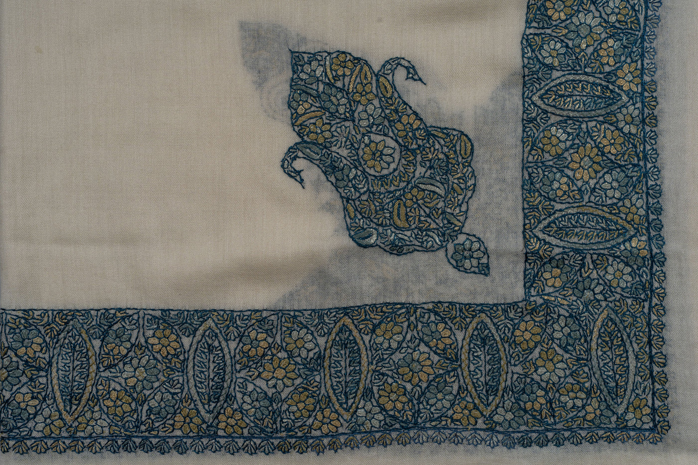 Ivory Teal Rumal — Sozni Hand Embroidered