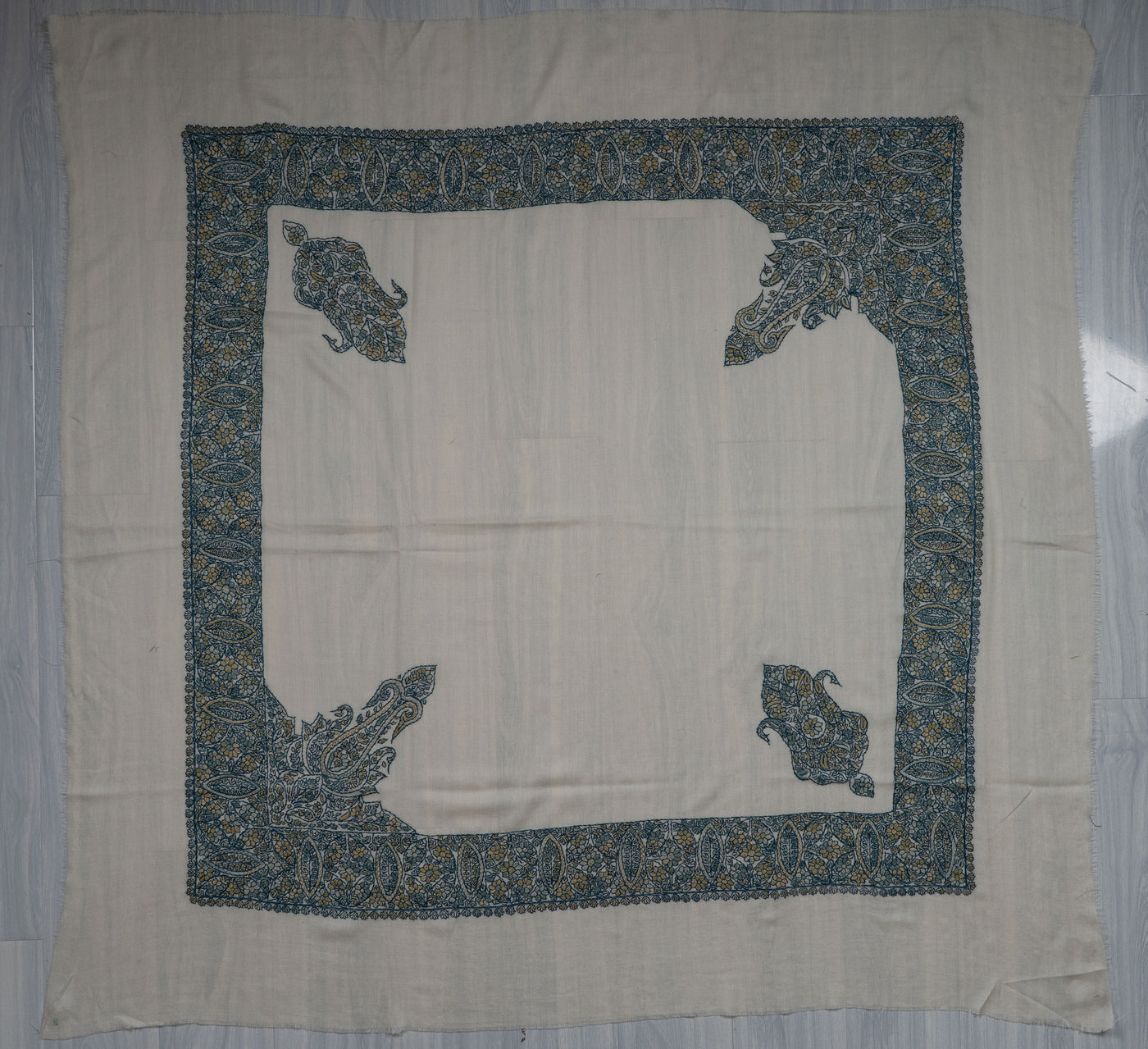 Ivory Teal Rumal — Sozni Hand Embroidered