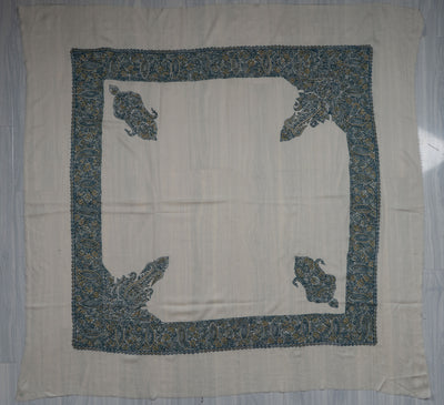 Ivory Teal Rumal — Sozni Hand Embroidered