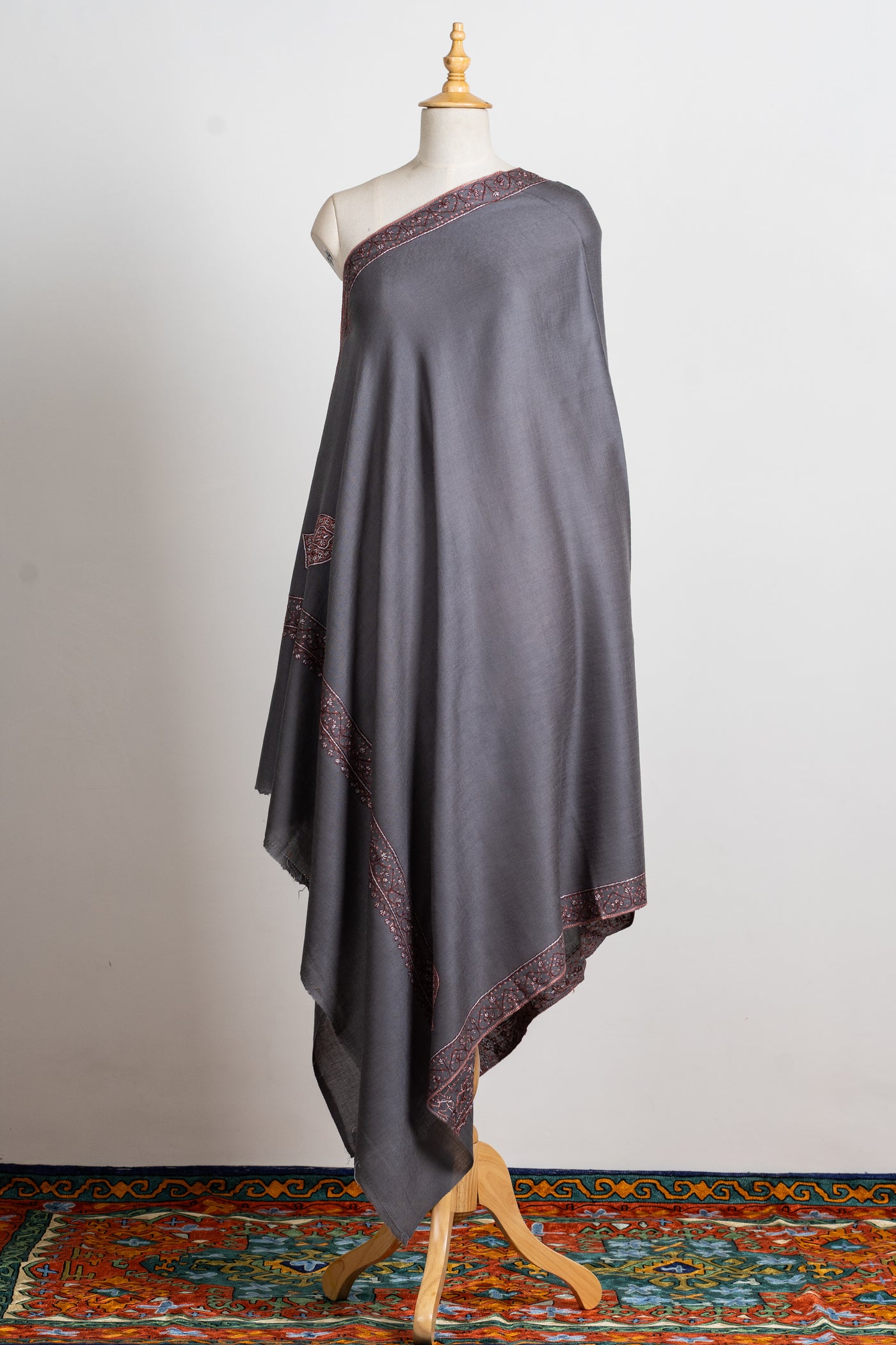 Smoky Grace Hand-Embroidered Sozni Merino Wool Wrap