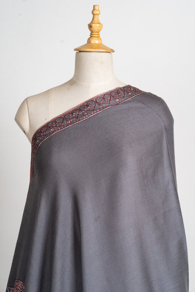 Smoky Grace Hand-Embroidered Sozni Merino Wool Wrap