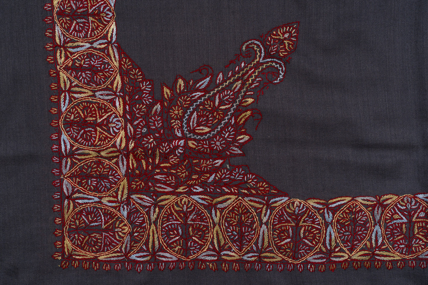 Charcoal Crimson Rumal — Sozni Hand Embroidered