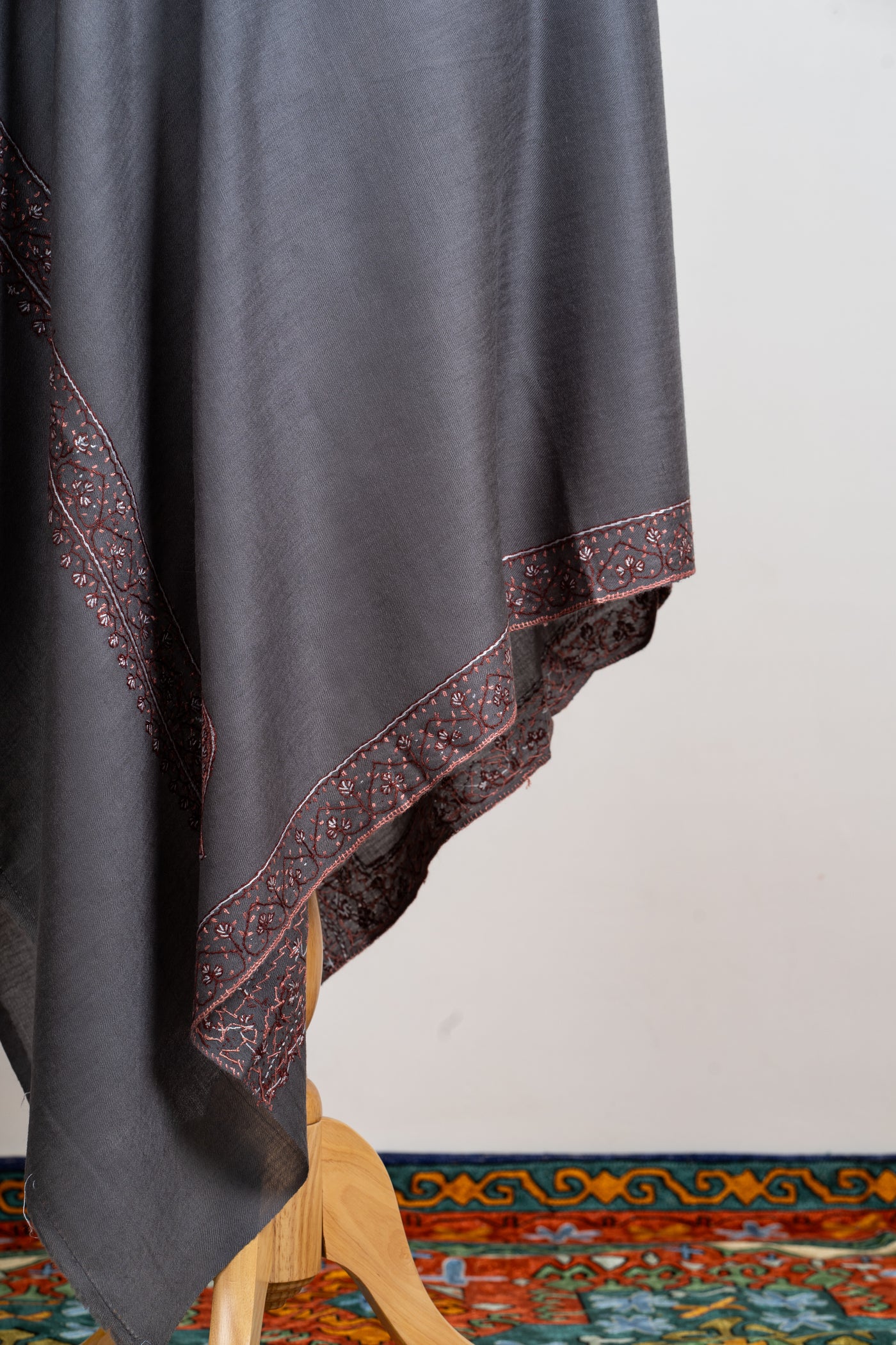 Smoky Grace Hand-Embroidered Sozni Merino Wool Wrap