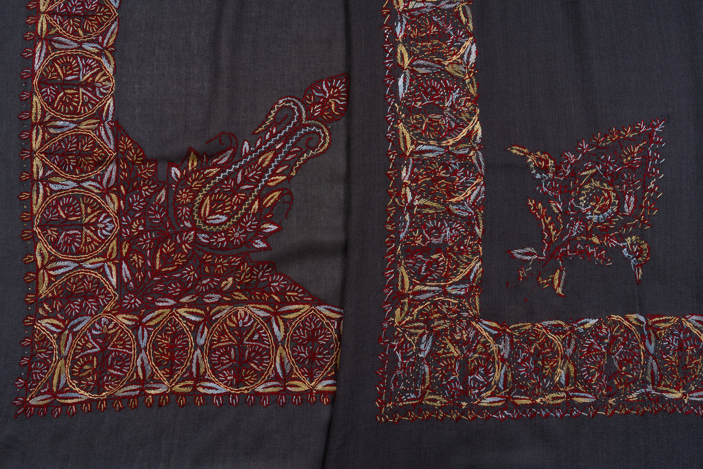 Charcoal Crimson Rumal — Sozni Hand Embroidered