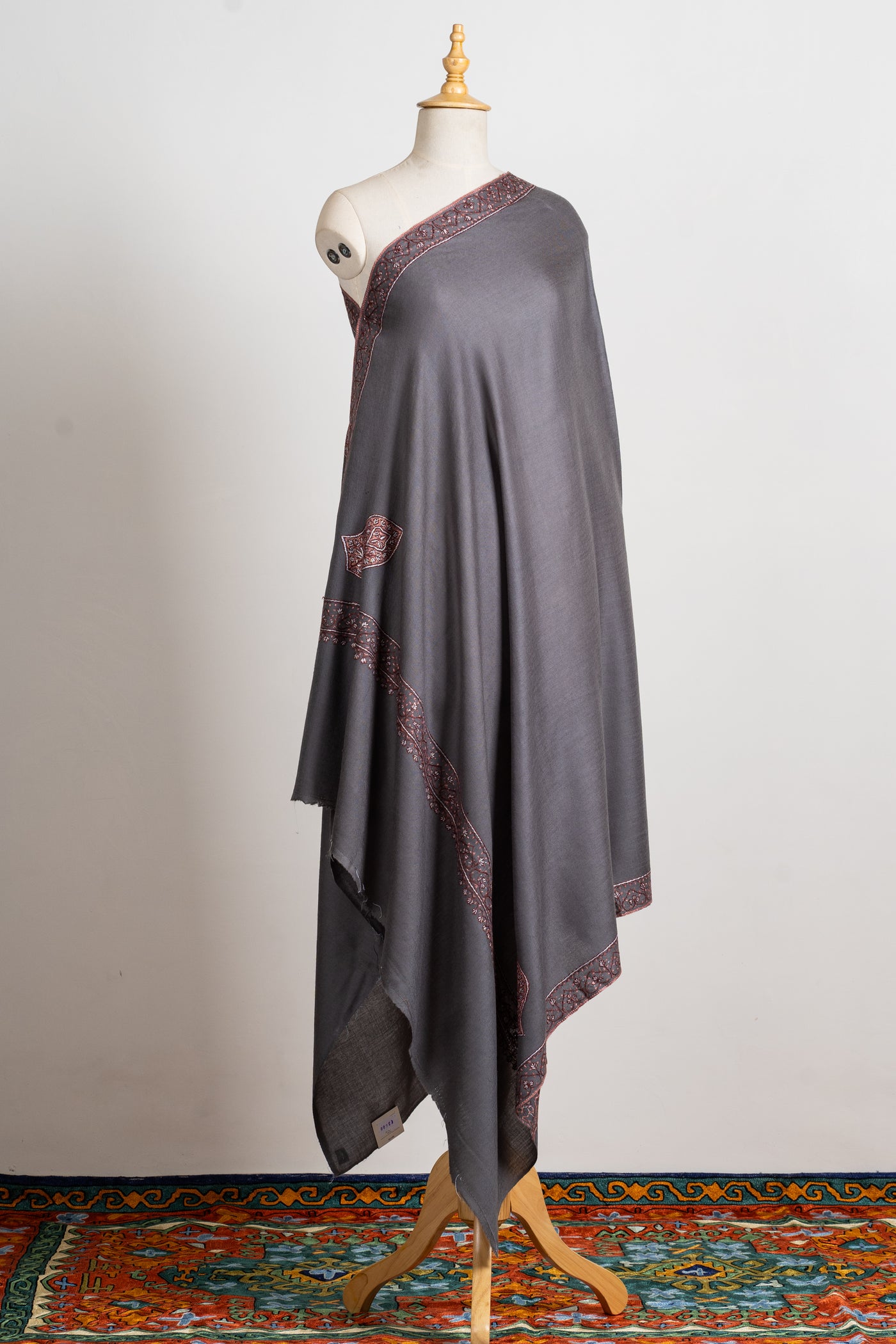 Smoky Grace Hand-Embroidered Sozni Merino Wool Wrap