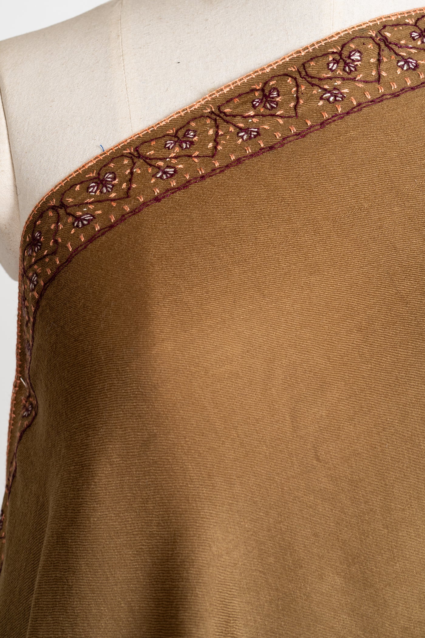 Caramel Harmony Hand-Embroidered Sozni Merino Wool Shawl