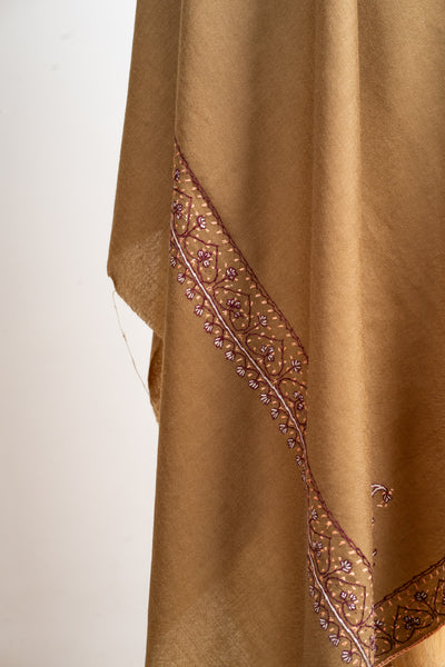 Caramel Harmony Hand-Embroidered Sozni Merino Wool Shawl