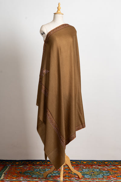 Caramel Harmony Hand-Embroidered Sozni Merino Wool Shawl