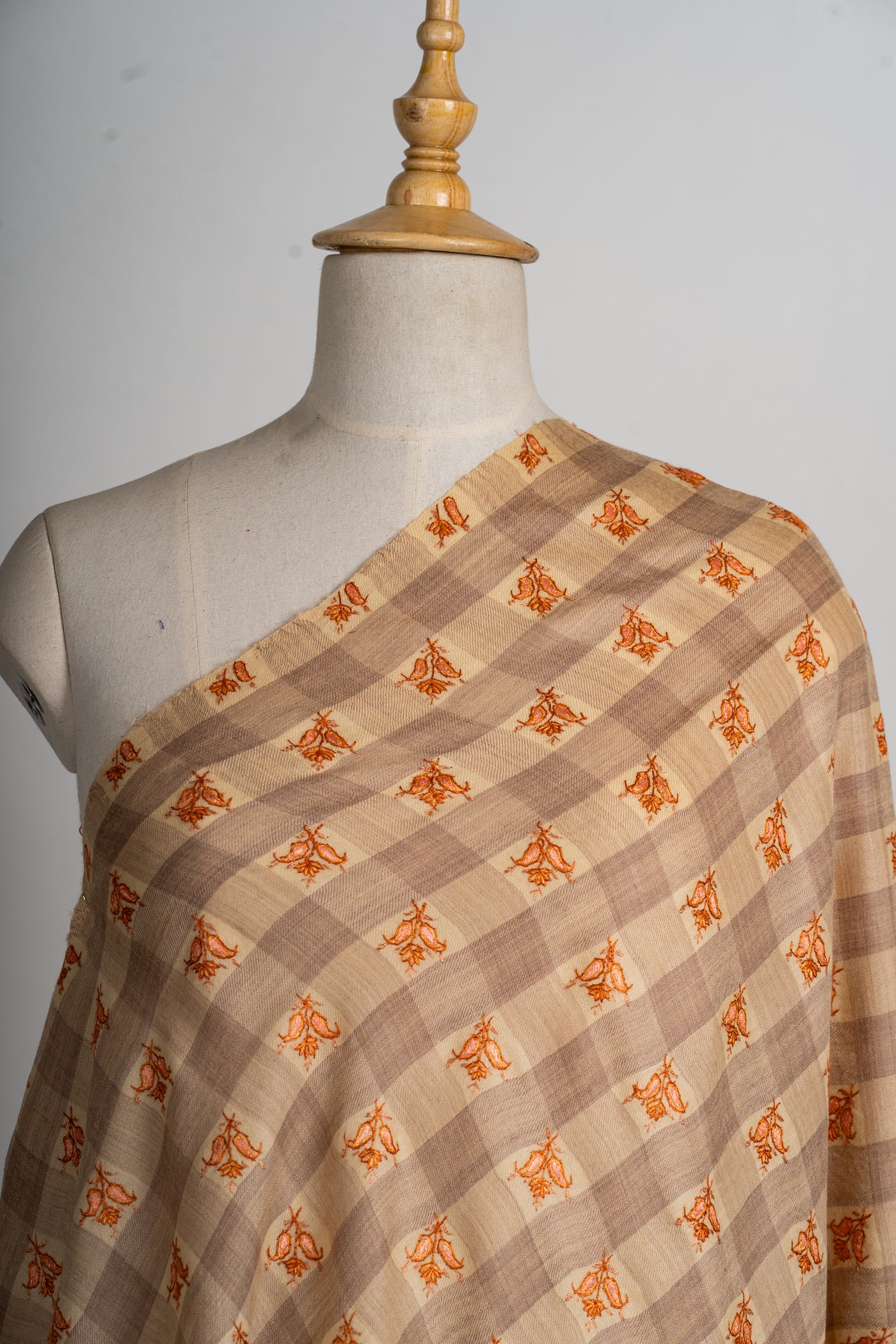 Autumn Check Hand-Embroidered Sozni Merino Wool Wrap