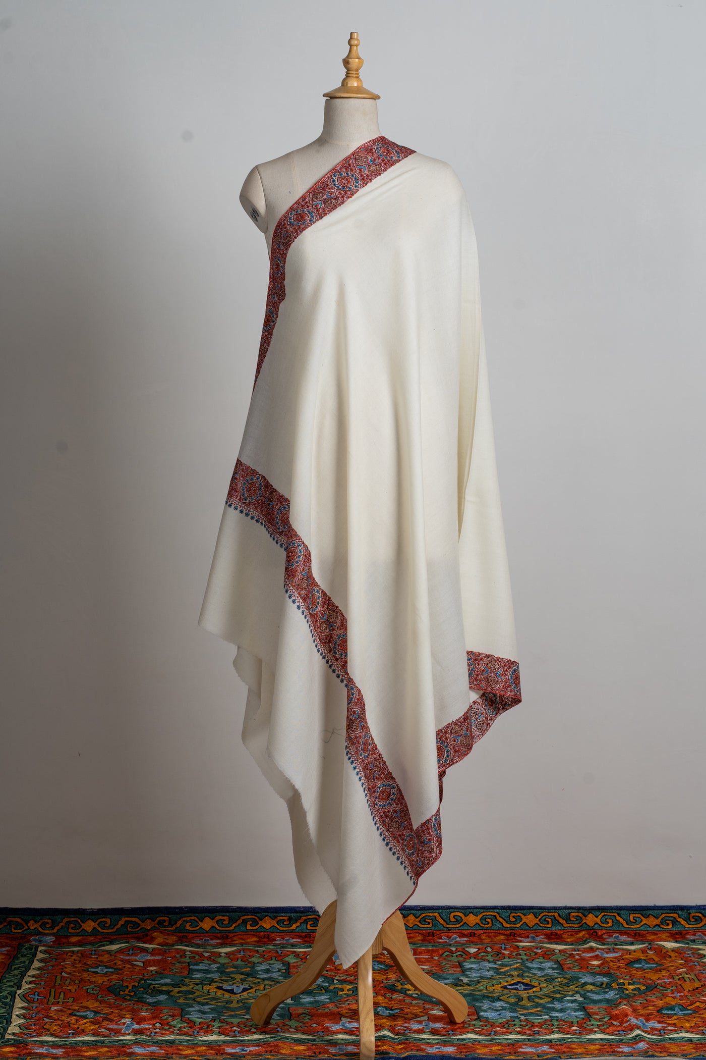 Ivory Majesty Hand-Embroidered Sozni Merino Wool Shawl