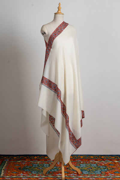 Ivory Majesty Hand-Embroidered Sozni Merino Wool Shawl