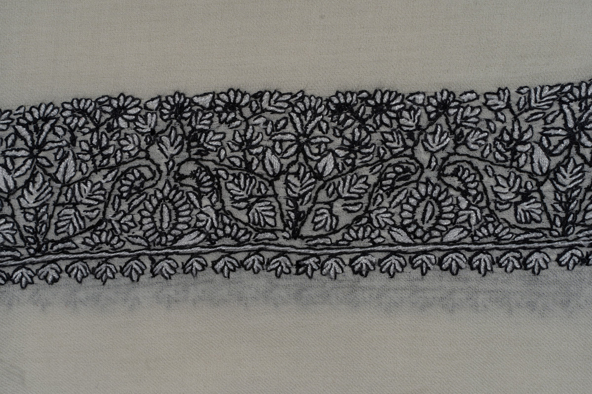 Close-up of black Sozni flowers and leafy vines along a dense ivory rumal border
