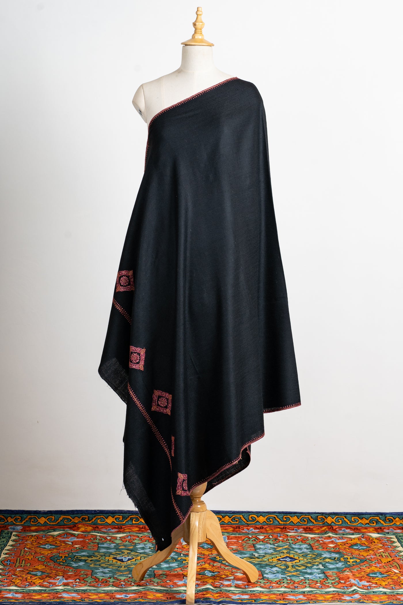 Noir Grace Hand-Embroidered Sozni Merino Wool Shawl