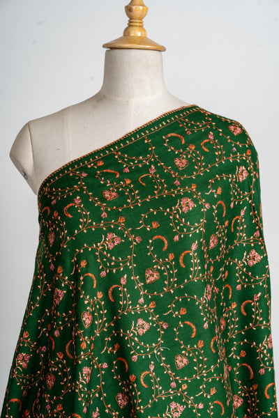 Emerald Bloom Hand-Embroidered Sozni Merino Wool Wrap