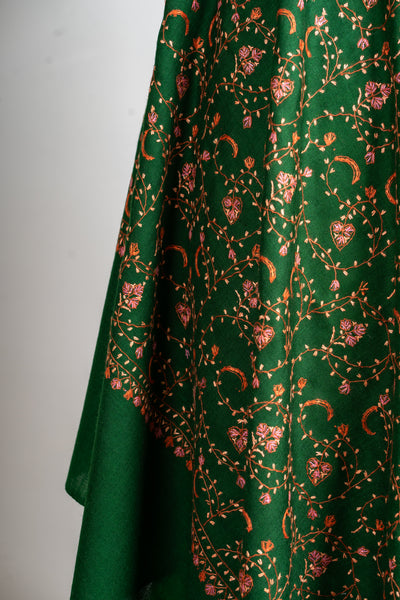 Emerald Bloom Hand-Embroidered Sozni Merino Wool Wrap