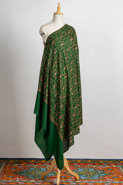 Emerald Bloom Hand-Embroidered Sozni Merino Wool Wrap