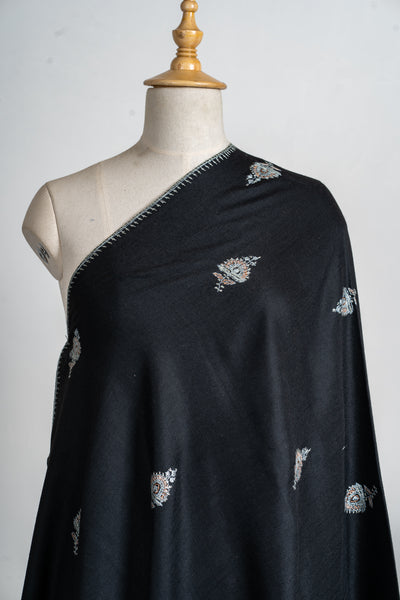 Midnight Bloom Hand-Embroidered Sozni Merino Wool Shawl