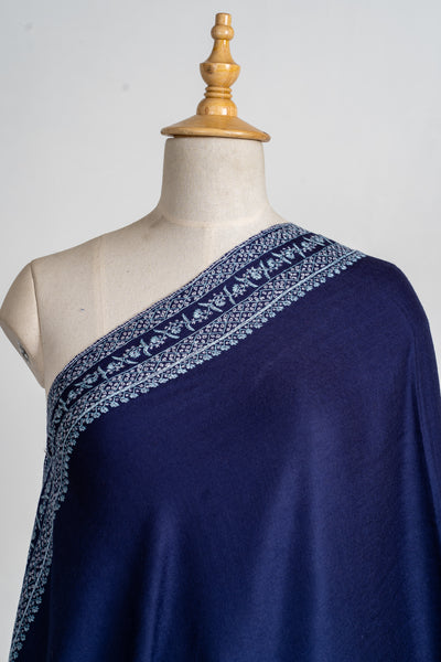 Sapphire Elegance Hand-Embroidered Sozni Merino Wool Wrap