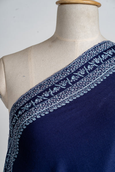 Sapphire Elegance Hand-Embroidered Sozni Merino Wool Wrap