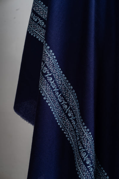 Sapphire Elegance Hand-Embroidered Sozni Merino Wool Wrap