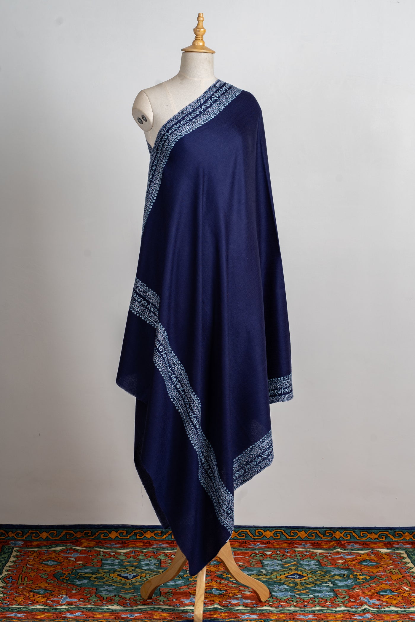 Sapphire Elegance Hand-Embroidered Sozni Merino Wool Wrap