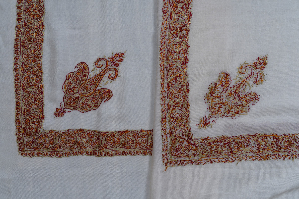 Overlapping ivory rumal corners showing both sides of rust and gold Sozni motif and border stitching