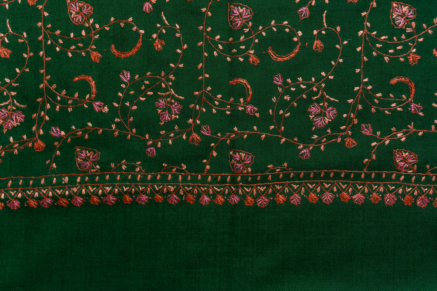 Emerald Bloom Hand-Embroidered Sozni Merino Wool Wrap