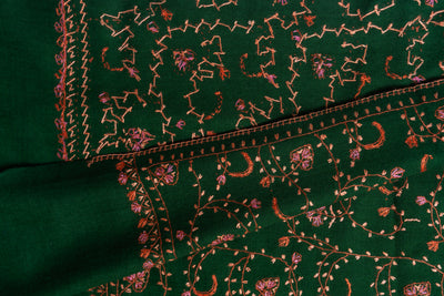 Emerald Bloom Hand-Embroidered Sozni Merino Wool Wrap