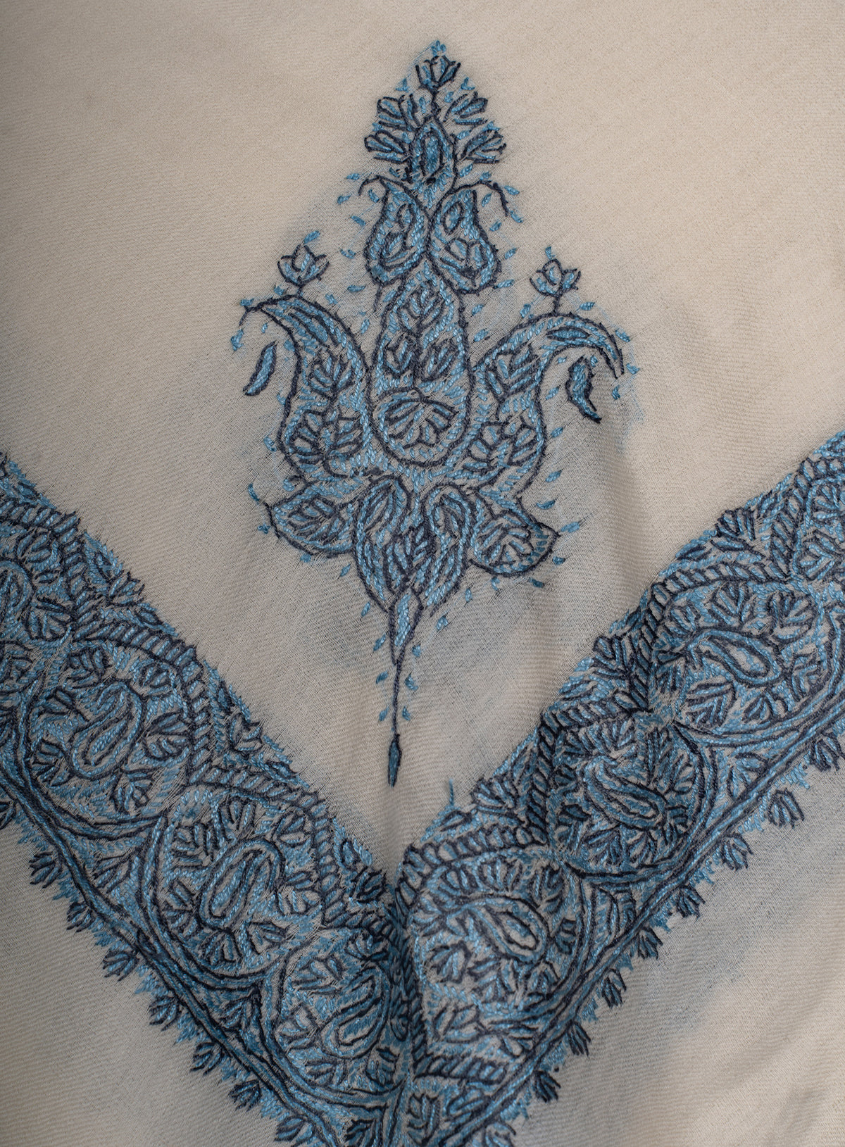 Ivory Azure Rumal — Sozni Hand Embroidered