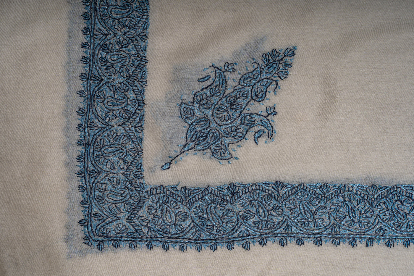 Ivory Azure Rumal — Sozni Hand Embroidered