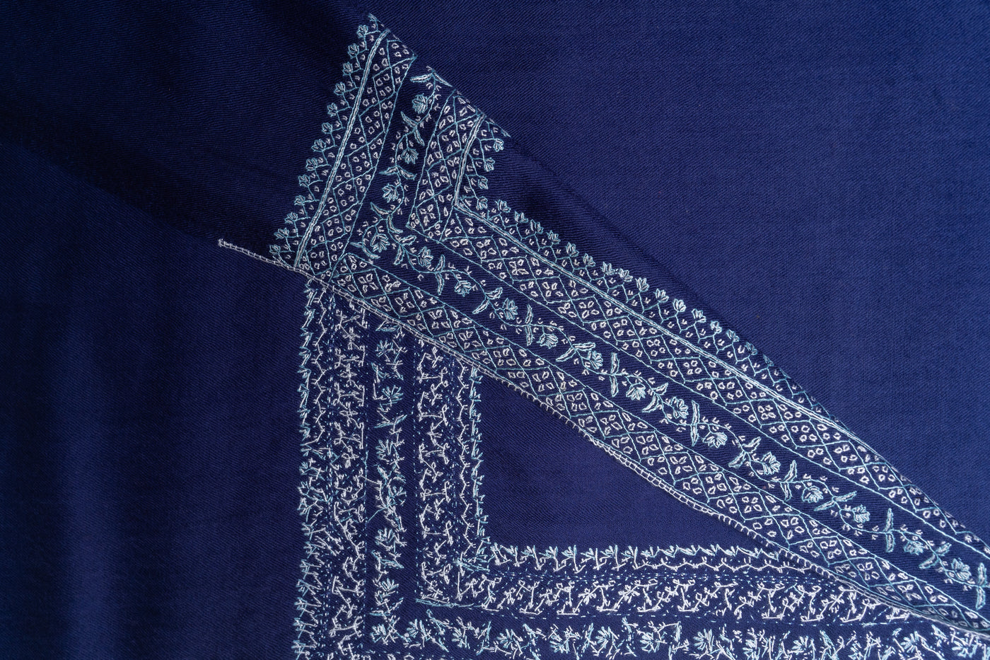 Sapphire Elegance Hand-Embroidered Sozni Merino Wool Wrap