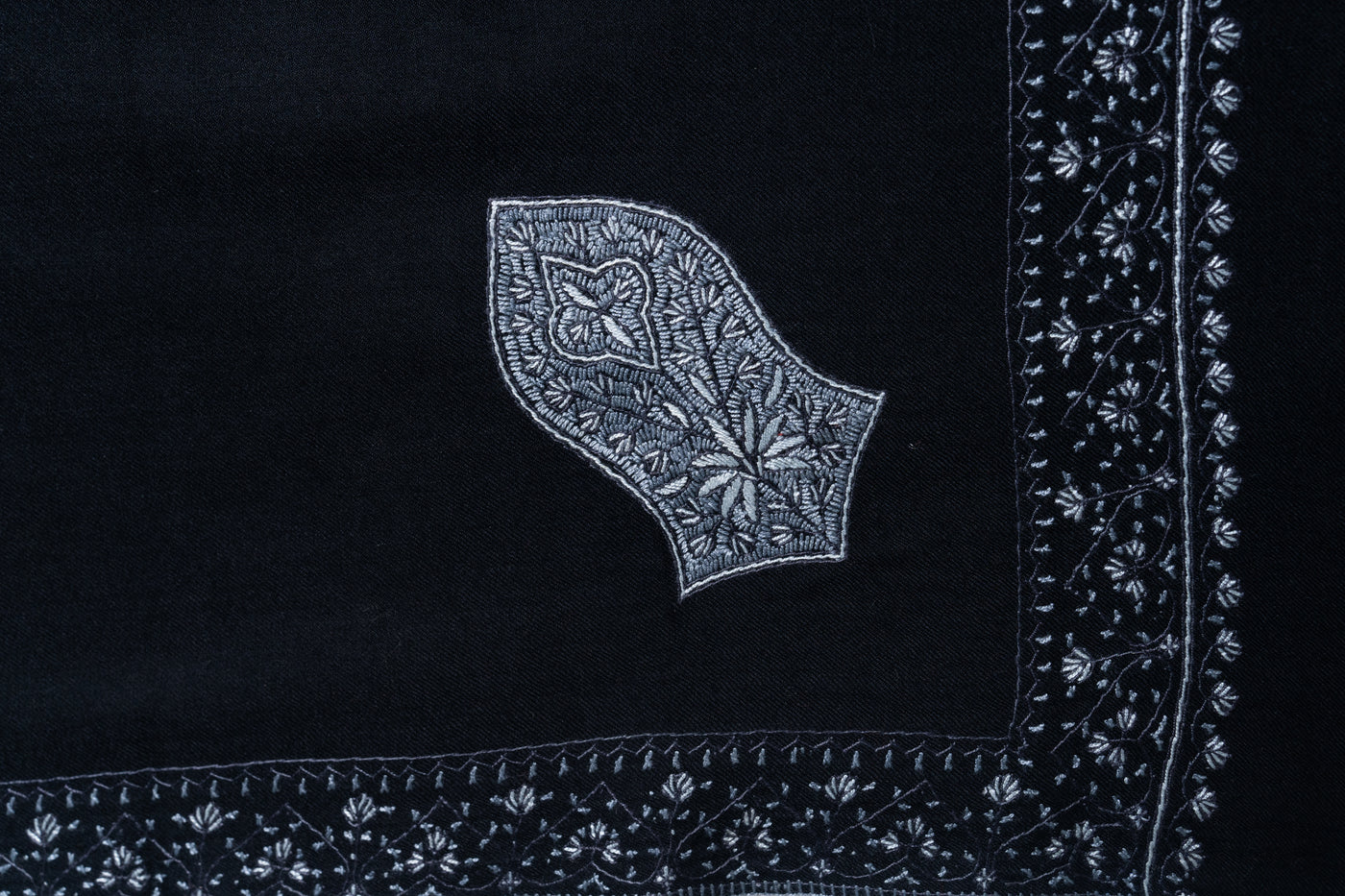 Midnight Elegance Hand-Embroidered Sozni Merino Wool Shawl