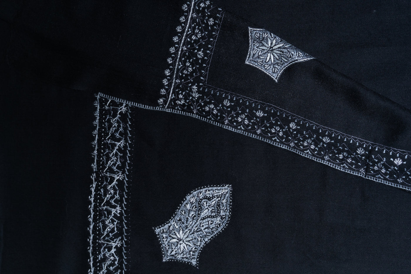 Midnight Elegance Hand-Embroidered Sozni Merino Wool Shawl