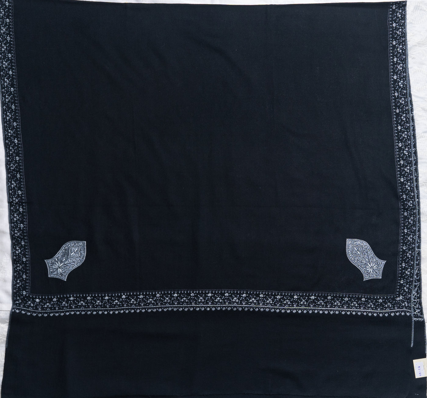 Midnight Elegance Hand-Embroidered Sozni Merino Wool Shawl