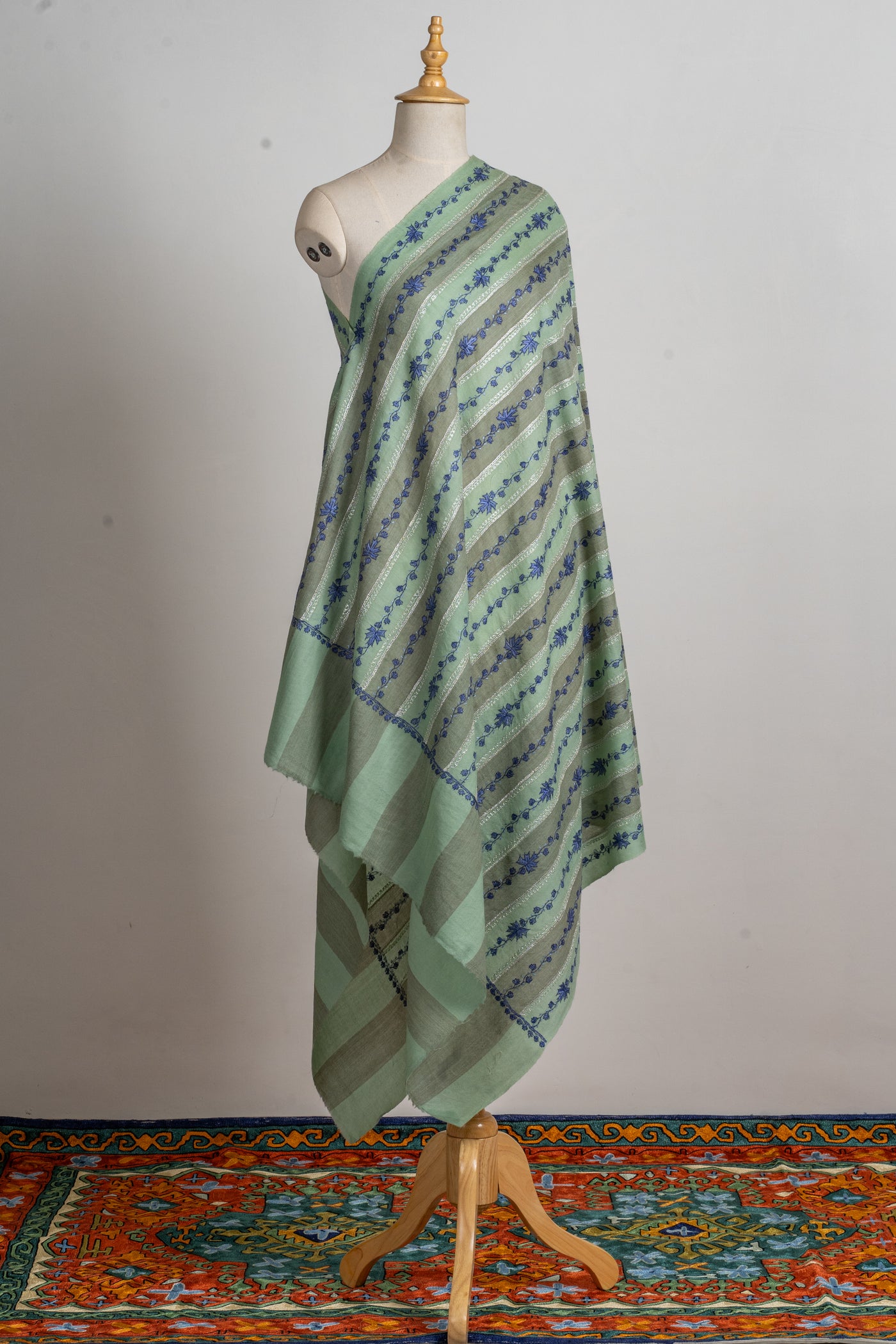 Mint Meadow Hand-Embroidered Sozni Merino Wool Wrap