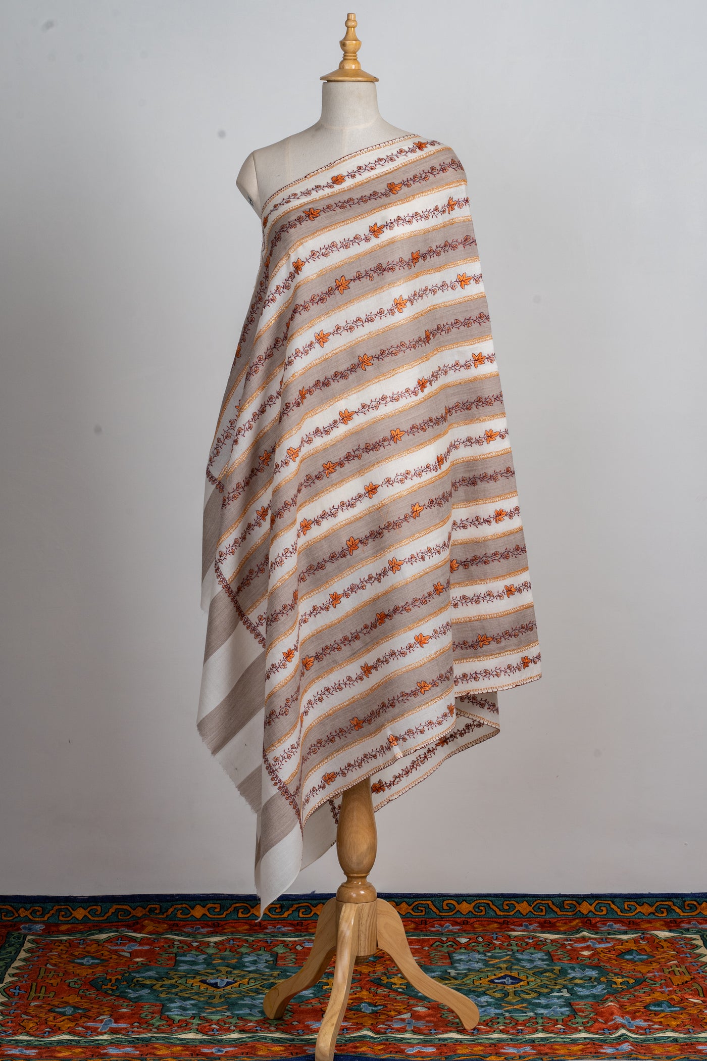 Autumn Stripes Hand-Embroidered Sozni Merino Wool Shawl