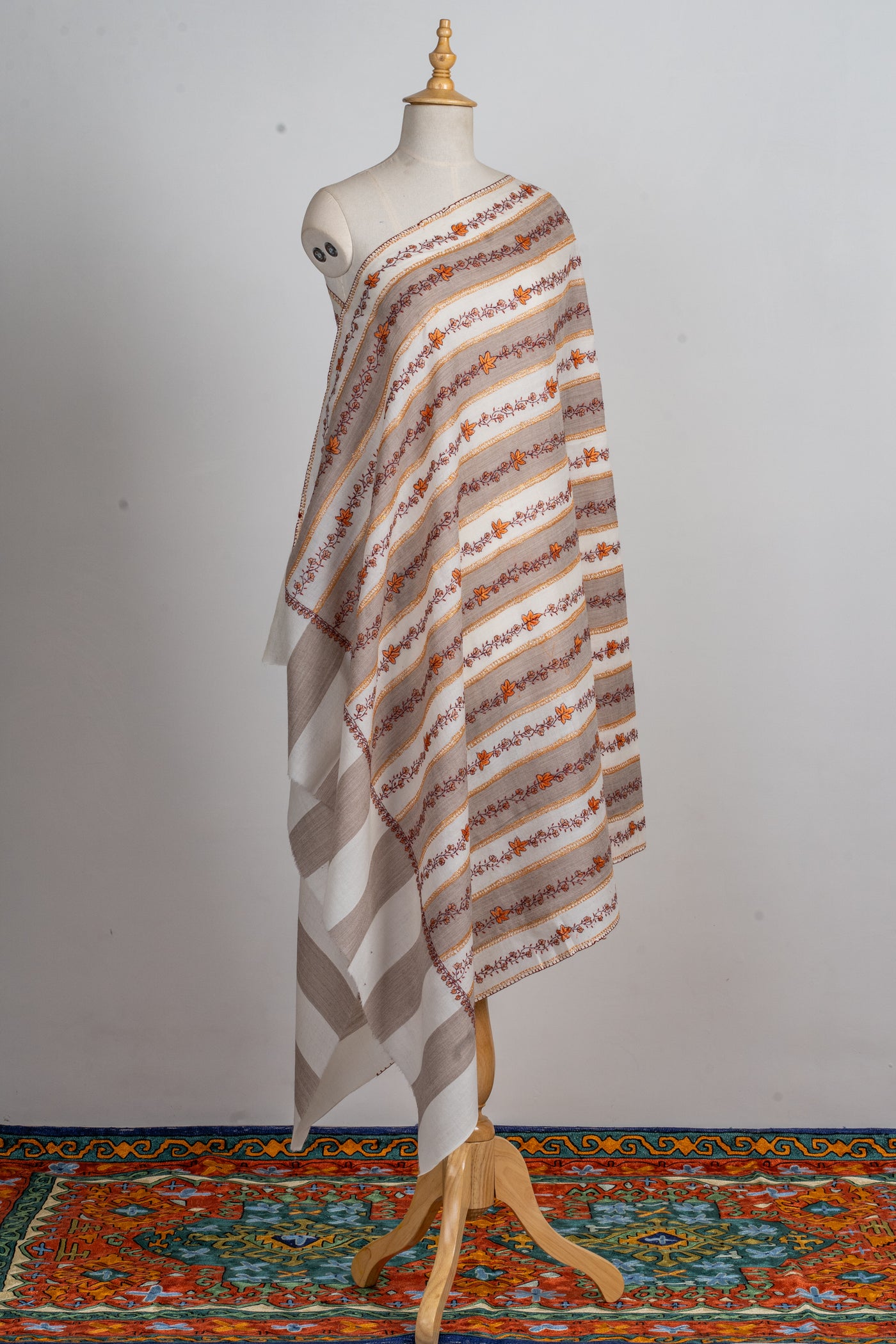 Autumn Stripes Hand-Embroidered Sozni Merino Wool Shawl