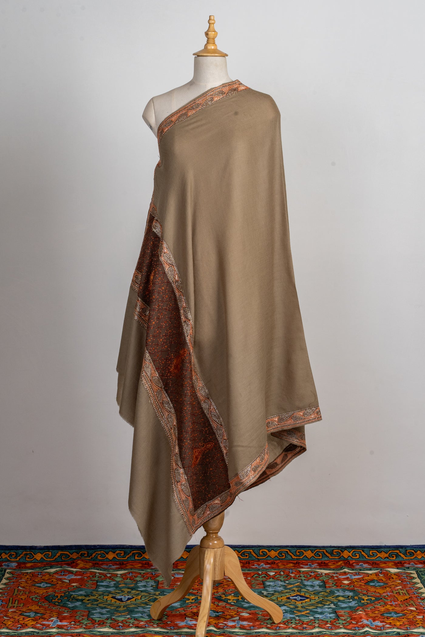 Earthy Grace Hand-Embroidered Sozni Merino Wool Shawl