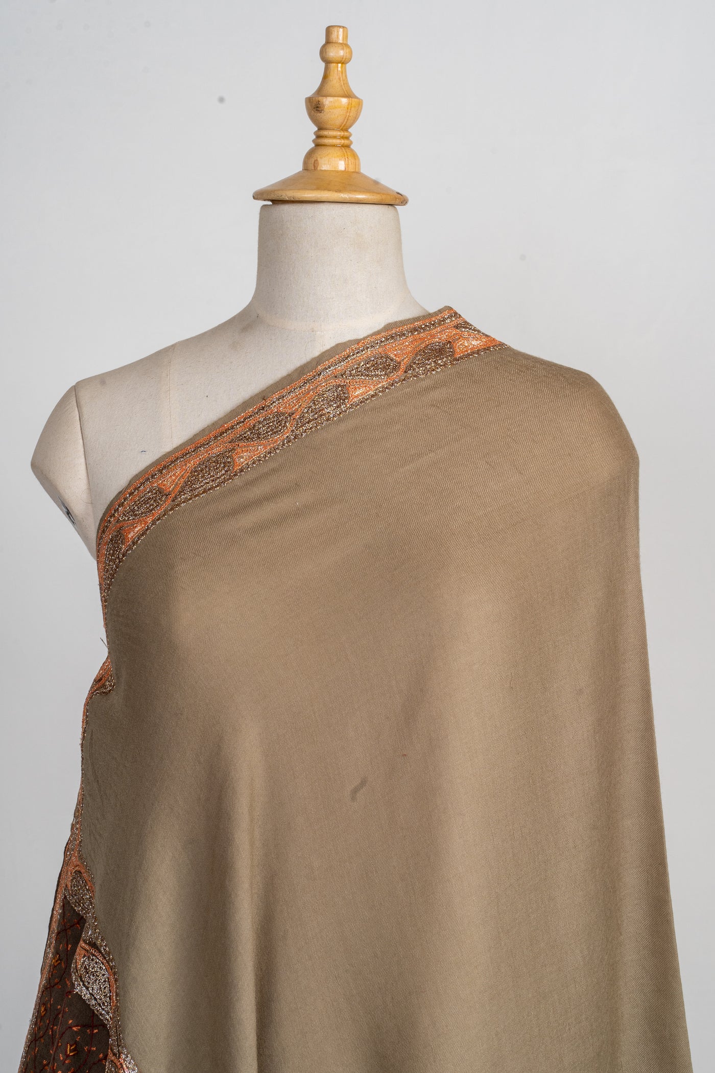 Earthy Grace Hand-Embroidered Sozni Merino Wool Shawl