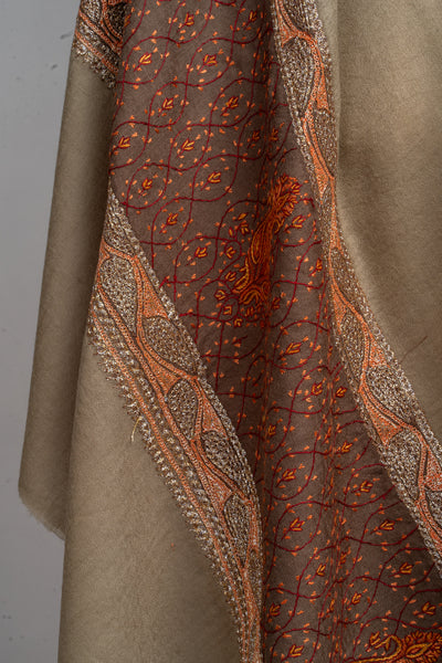 Earthy Grace Hand-Embroidered Sozni Merino Wool Shawl