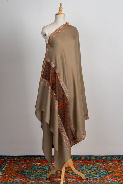 Earthy Grace Hand-Embroidered Sozni Merino Wool Shawl