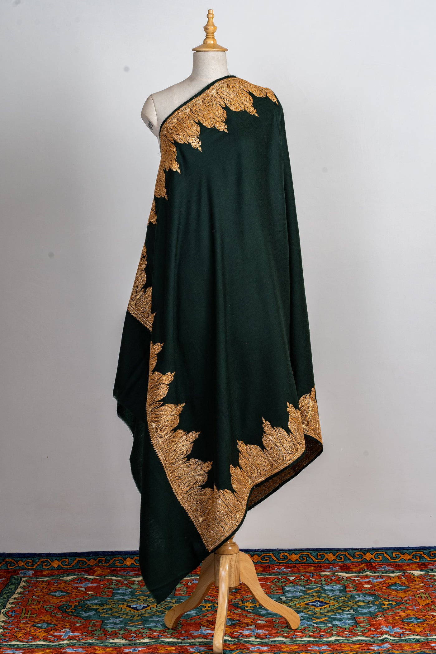 Majestic Green Tilla Embroidered Merino Wool Shawl