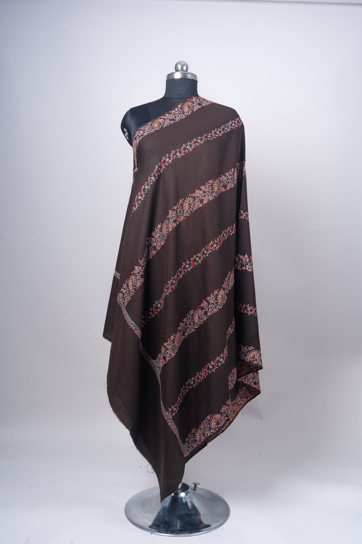 Chandni Zameen: Hand-Embroidered Sozni Shawl on Dark Cocoa Merino Wool
